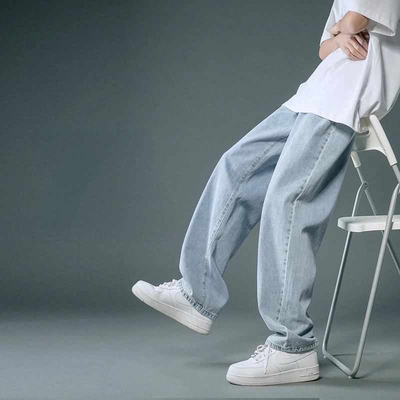 Men Jeans Spring Summer Solid Color Loose Straight Jeans Men Casual Button High Waist Wide-Leg Jeans Trousers Streetwear Jeans