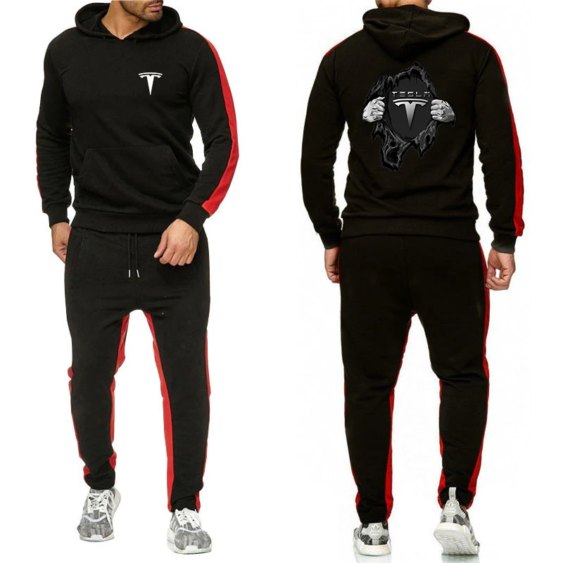 

2023 New Men's Tesla Printing Fashion Tracksuit Cotton Solid Color Sweatshirt Casual Clothes Hoodies Sport Pants 2-Piece Set