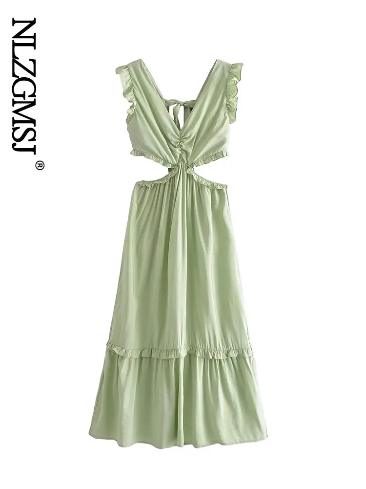 

Платье женское зеленое длинное без рукавов с поясом на спине