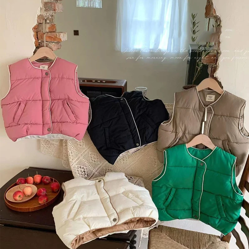 

Универсальная куртка для маленьких девочек, ветрозащитный жилет и хлопковая зимняя верхняя одежда, жилет, Корейская осенне-Весенняя жилетка с подкладкой в стиле ретро, зима