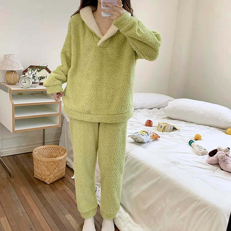 Утолщенная фланелевая женская пижама комплект из 2 предметов Пижамный костюм для