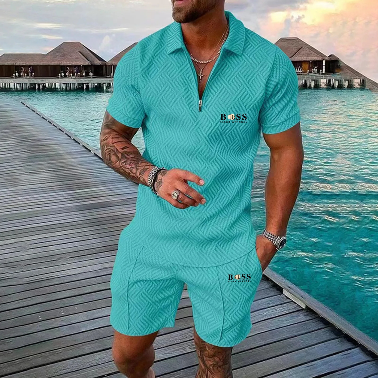 2023 Men Summer Brand Tracksuit Fashion Turn Down Collar Zipper Polo Shirt+Shorts Sports Jogging Suit Casual Stylish Sweatersuit