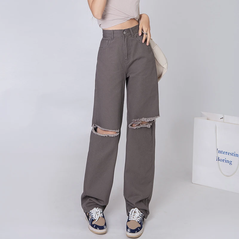 

New Wide Leg Straight Jeans Women's Fashion Y2k Streetwear Baggy Casual Ripped Hole Jeans Mopping Denim Trousers