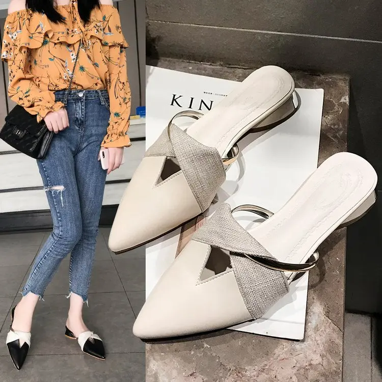 

Female Shoes Slippers Soft Med Butterfly-Knot Slides Mules For Women 2022 Fashion Square heel Pointed Toe Multicolored Sandals N