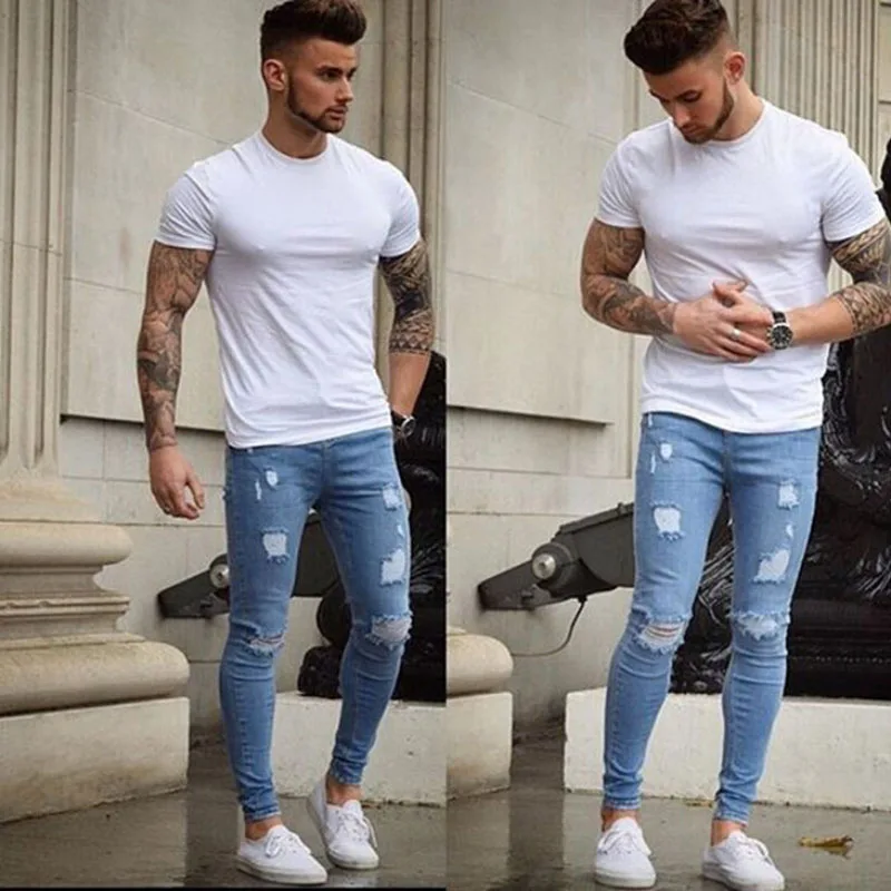 

S-XXXL Men's Stretchy Biker Jeans Skinny Destroyed Taped Slim Fit Denim Pencil Pants Ripped Jeans For Male Light