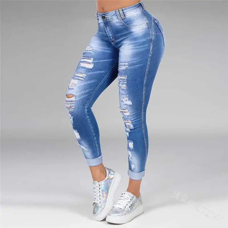 FUAMOS 2023 Fashion High Waist Ripped Slim Jeans Women's Skinny European American Cotton Stretch Pants Casual Women Trousers