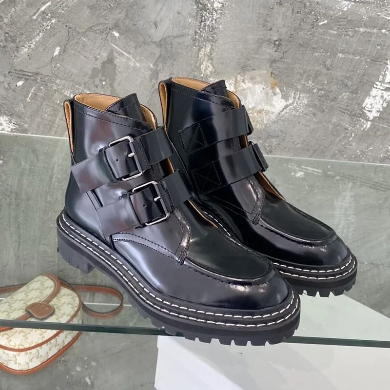

Winter new belt buckle thick soled short boots women's Martin boots round head leather spring autumn Chelsea single boots