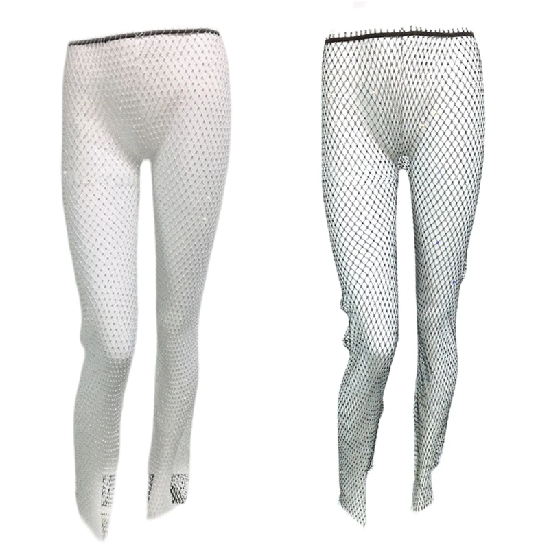 Women Rhinestones Fishnet Slit Long Pants Beach Club Party See Through Trousers P8DB