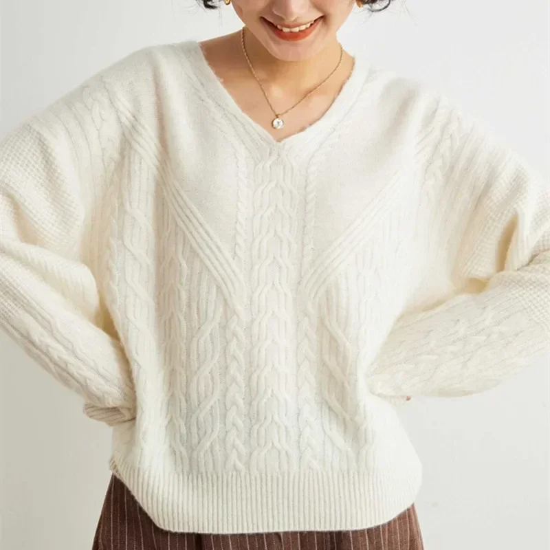 Женский кашемировый свитер с V-образным вырезом и длинным рукавом