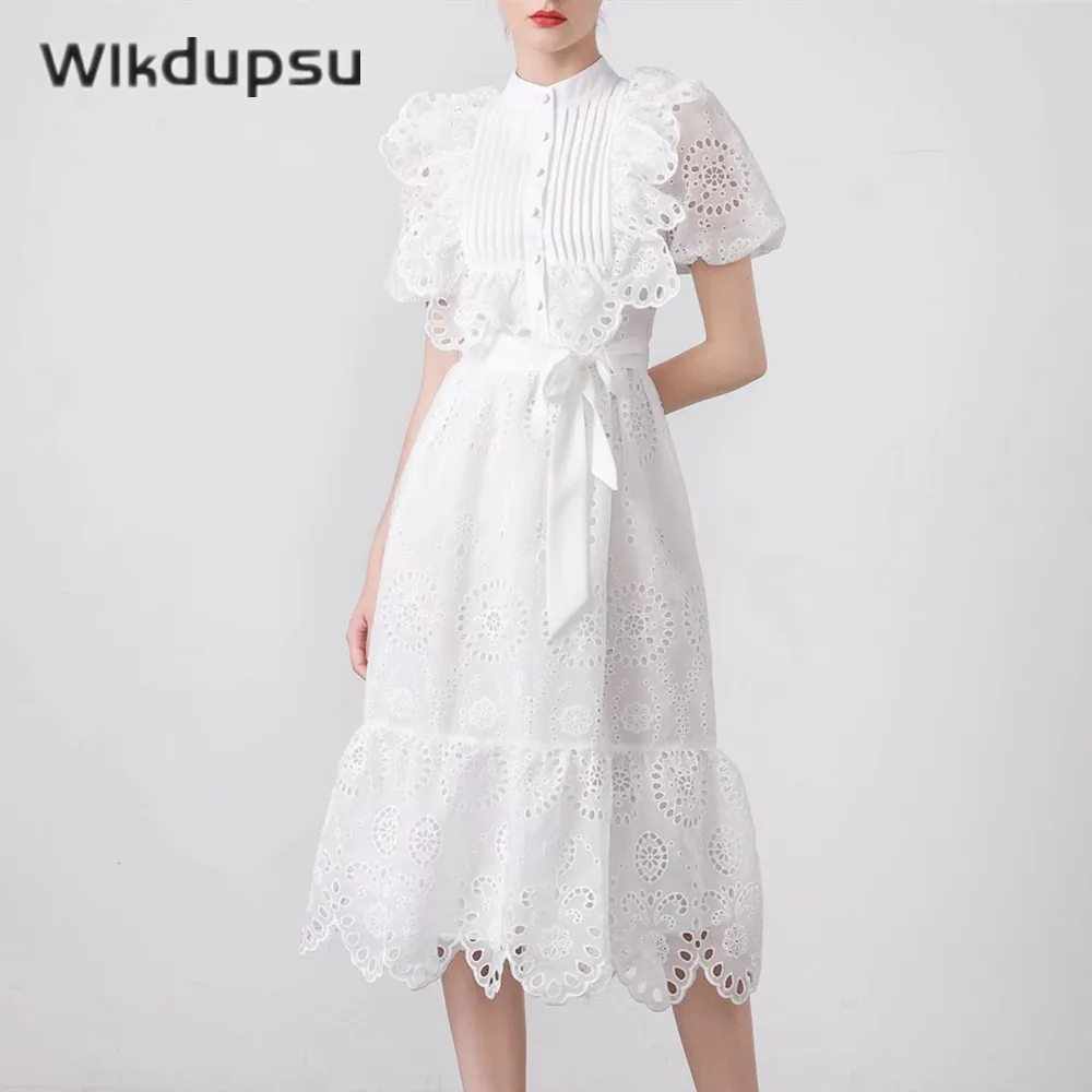 

Women Elegant Hollow Out White Lace Dress Office Lady Summer Puff Sleeve Sashes Long Dress Female Chic Luxury Party Vestidos