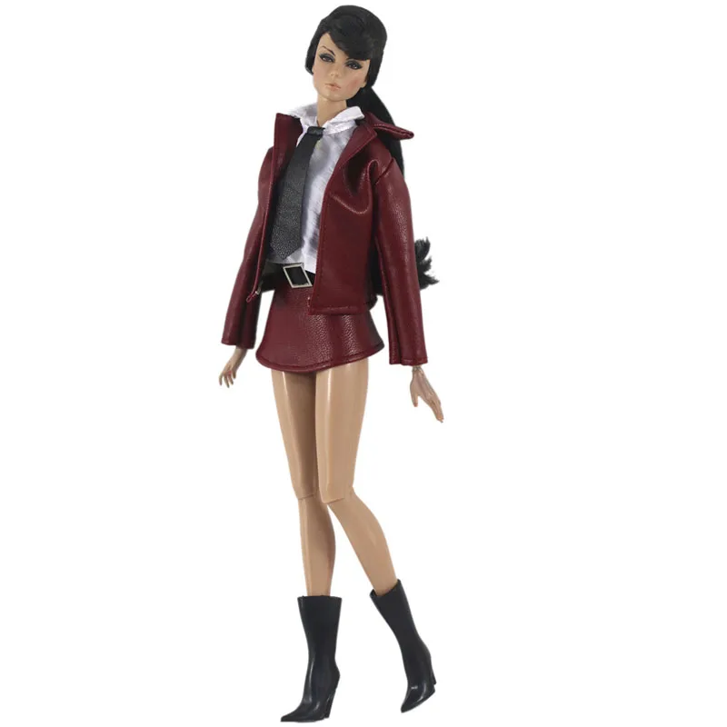 Винный Кожаный Модный комплект одежды для куклы Барби короткое пальто куртка
