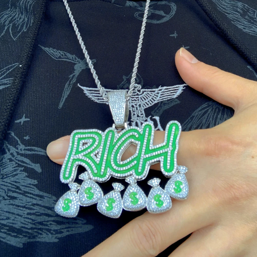 

Iced Out Bling Full Cubic Zircon Paved Letter Rich Dollar Money Pendant Enamel Luminous Glowing for Men HipHop Necklace Jewelry