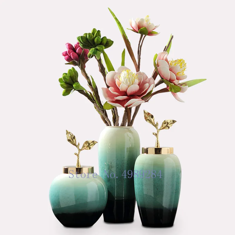 

Creativity Ceramic Vase Handmade Gradient with Cover Golden Leaves Modern Home Crafts Ornaments Flower Vases Wedding Decoration
