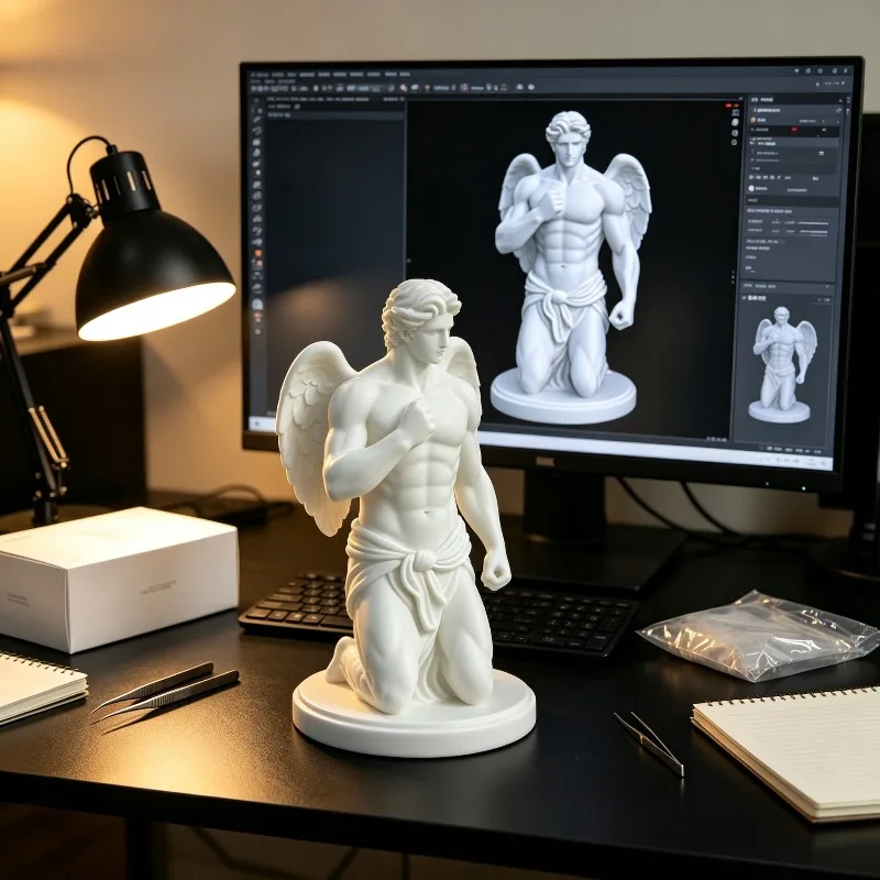 Фото Новая 3D-печатная статуя мышечного крылатого ангела в позе на коленях, пластиковая скульптура по мотивам греческой мифологии, можно раскрасить самостоятельно. №3