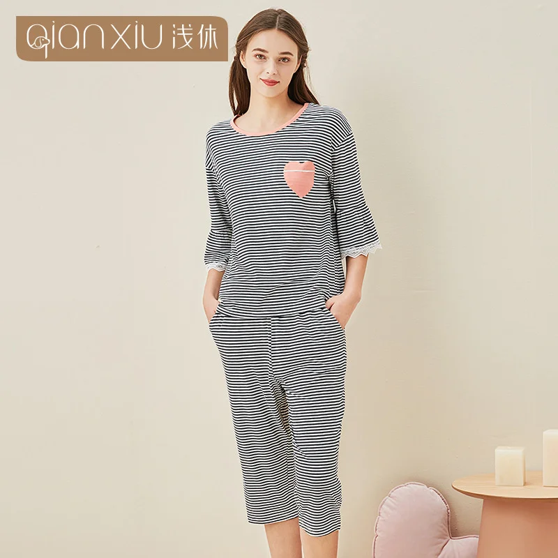 

Summer pajamas women's comfortable breathable bamboo fiber loose large pajamas 5-sleeve 5-pants home clothes