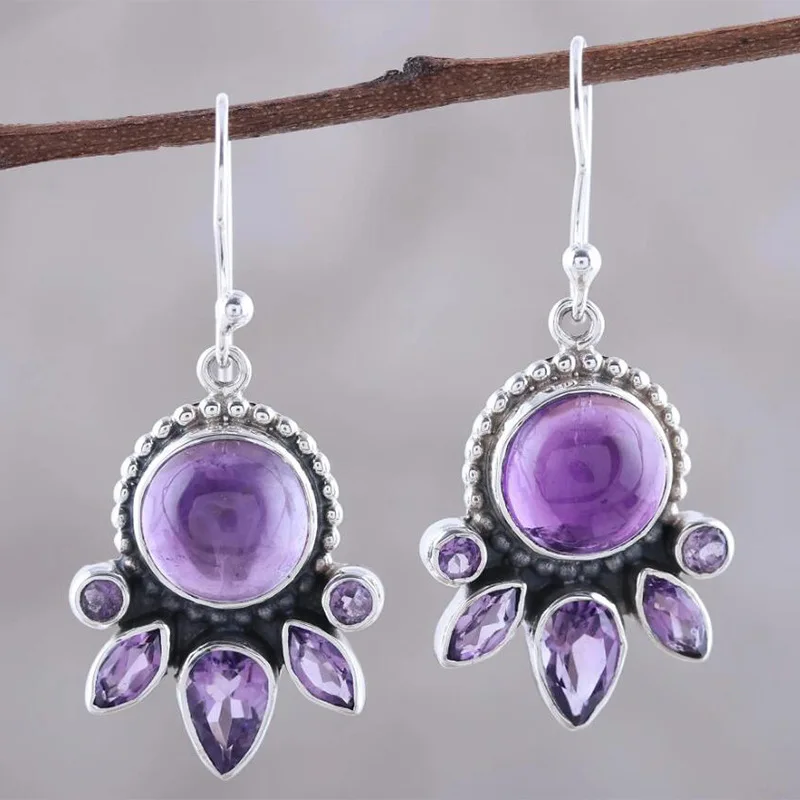 

Vintage Round Inlaid With Purple Zircon Earrings Fashion Bohemian Silver Color Metal Personality Dangle Earrings