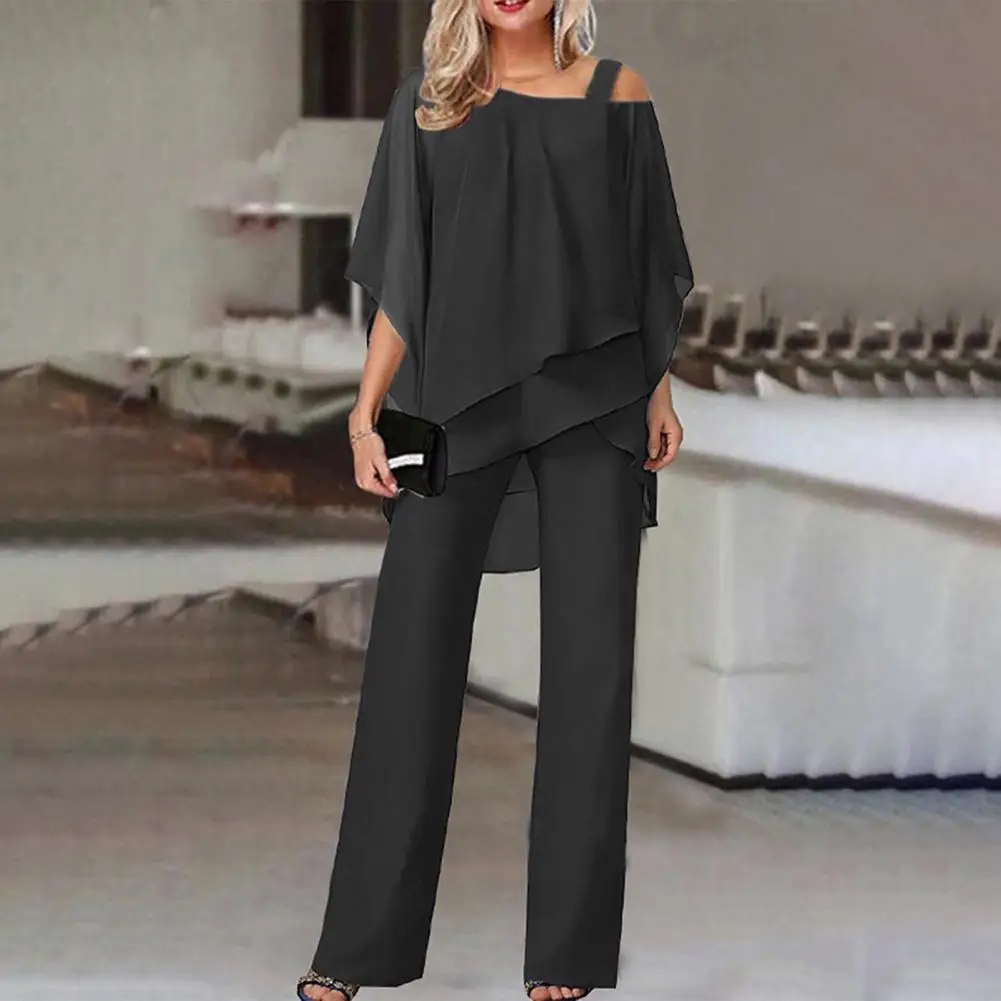 

Elegant Women Jumpsuit Set Chic Office Lady Jumpsuit Elegant Off Shoulder Batwing Sleeve Tops Straight Wide Leg for Women