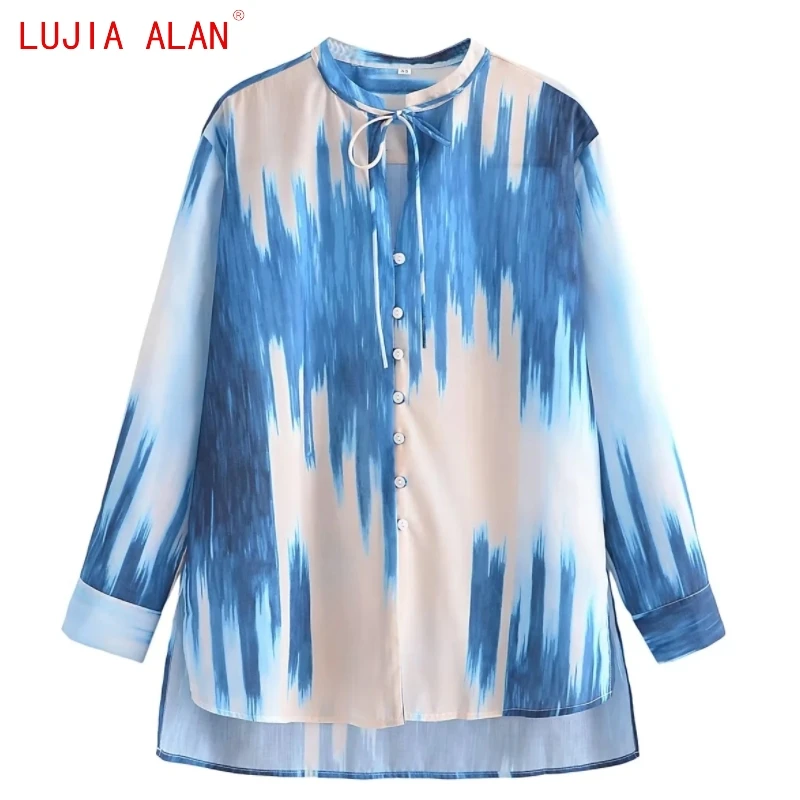 

Autumn New Women Tie Dyed Printed Side Slit Loose Shirt Female Long Sleeve Blouse Casual Stand Collar Tops LUJIA ALAN B2315