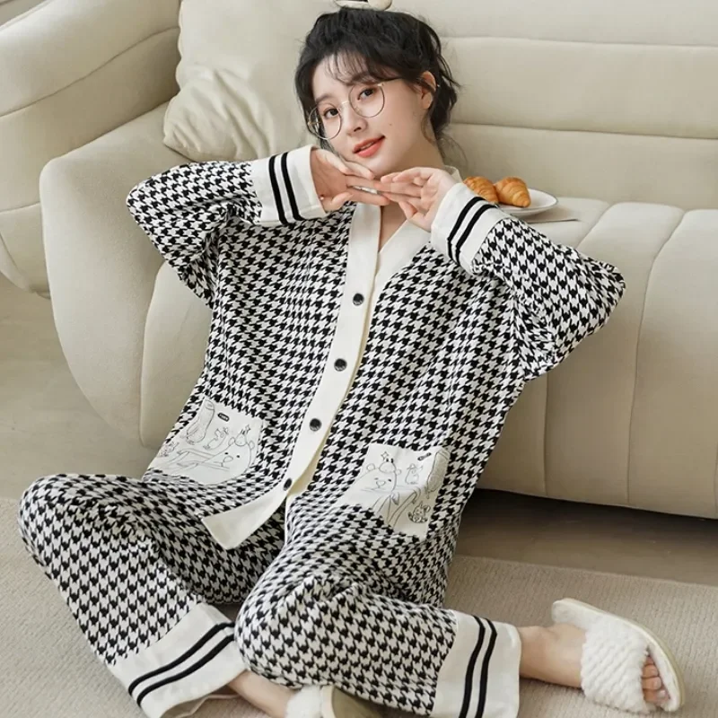 

Spring Autumn Women Pyjamas Polka Dots Sleepwear Polyester Cartoon Print Pajama Sets Pijama Mujer Homewear Clothing Nightwear