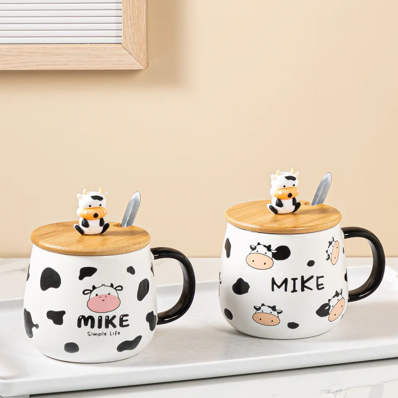

Cartoon Mug Cute Cow Large Capacity Ceramic Water Bottle with Wooden Cover Spoon Lovers Kawaii Angry Day Holiday Gift Cup