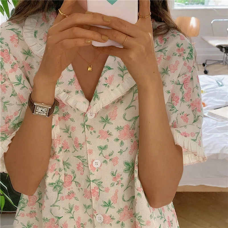 Женская Повседневная Домашняя одежда Pijimas в Корейском стиле с цветочным принтом