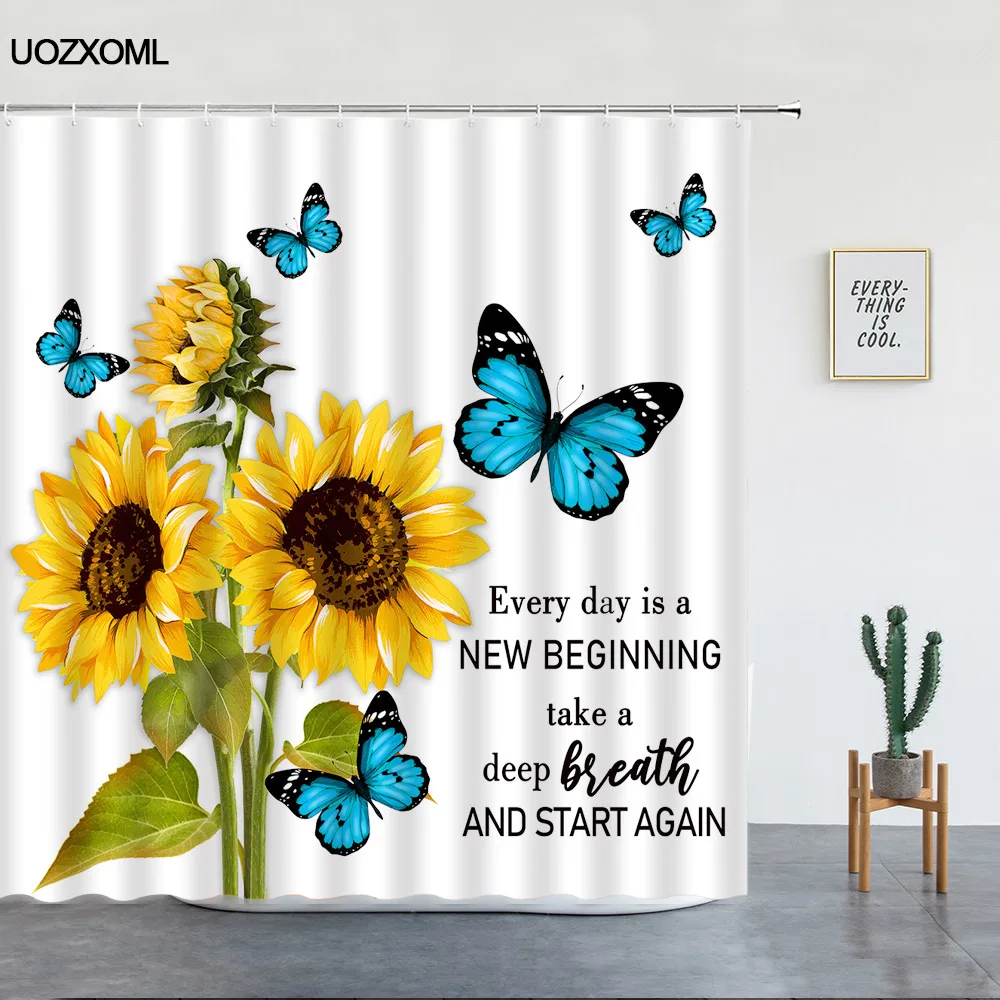 

Blue Butterfly Sunflower Shower Curtains Rustic Yellow Flowers Plants Inspirational Quotes Aphorism Fabric Bathroom Decor Sets