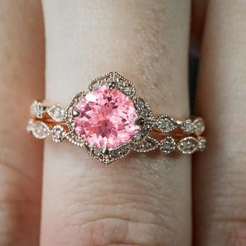

2 Pieces large Flower Rings Set Pink Crystal Rings for Women Lover Wedding Jewelry Party