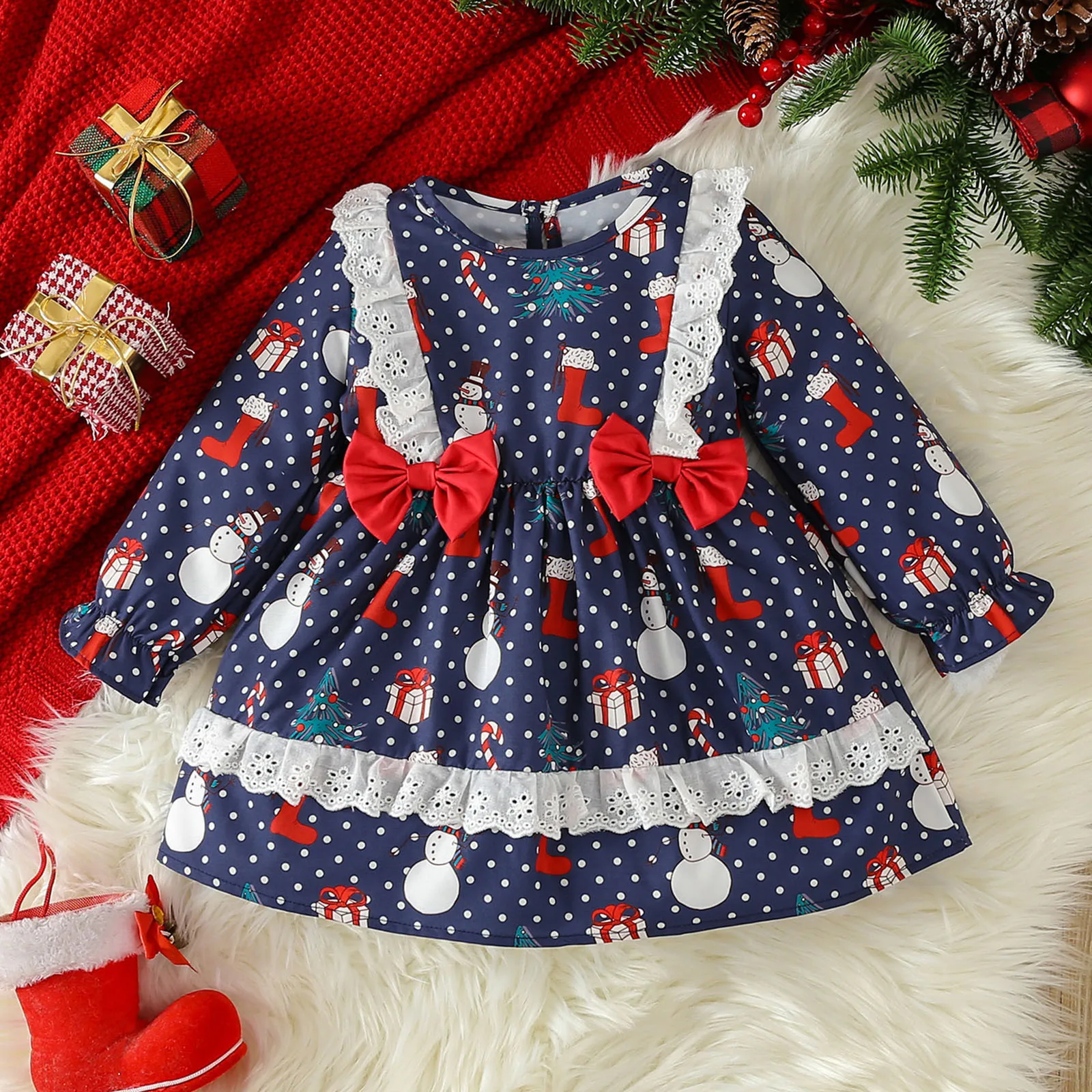 

Toddler Girls Ruffles Long Sleeve Christmas Cartoon Snowman Prints Dress Bowknot Party Dresses for kids 1-4Y New Year Clothes