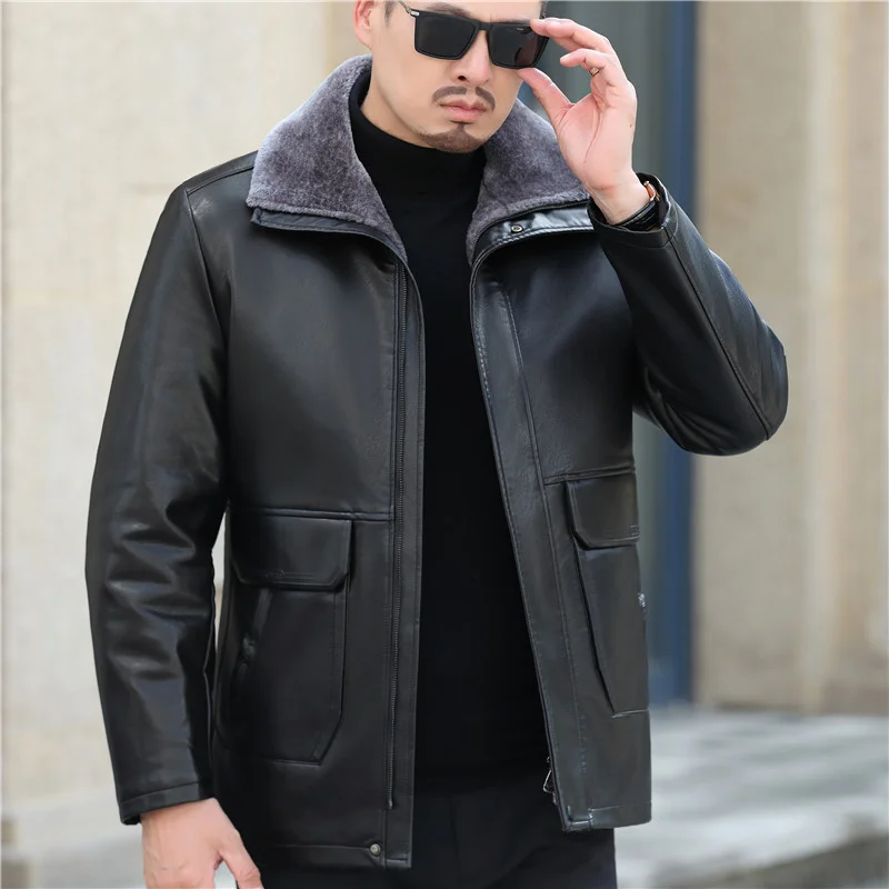 

realLeather 100% genuine aged men's father's winter fur integrated Haining sheep leather coat Middle long casual windbreaker