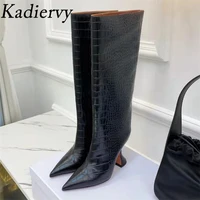 black high heels knee high boots women crocodile pattern leather strange style heel long boots woman runway boots women shoes