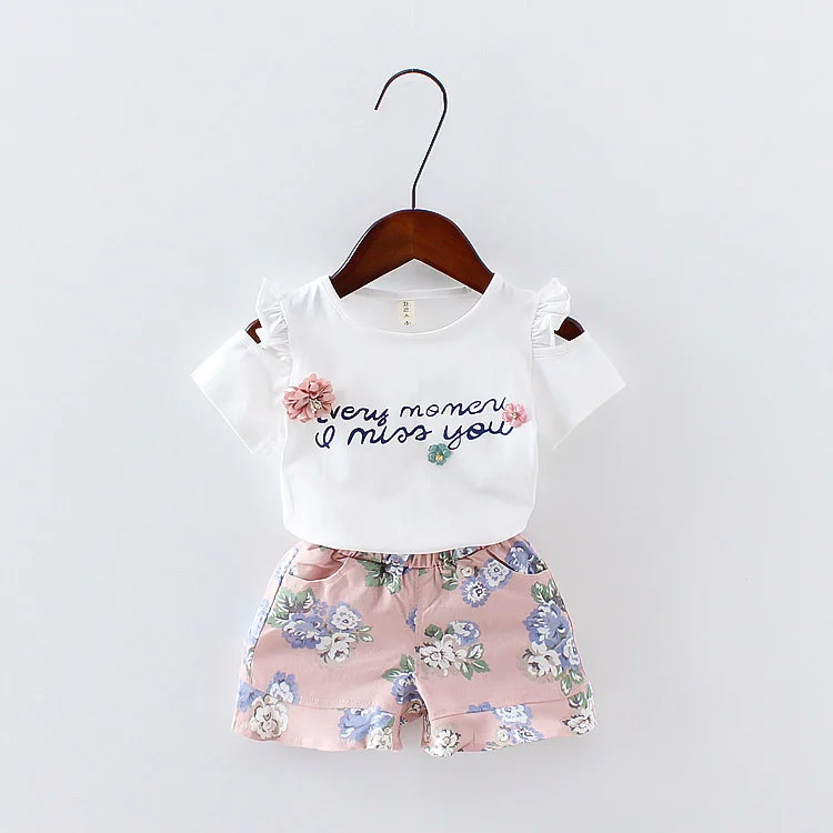 

Female baby suit casual clothing suit summer Korean short-sleeved white top and shorts two-piece children's clothing suit 0-5Y