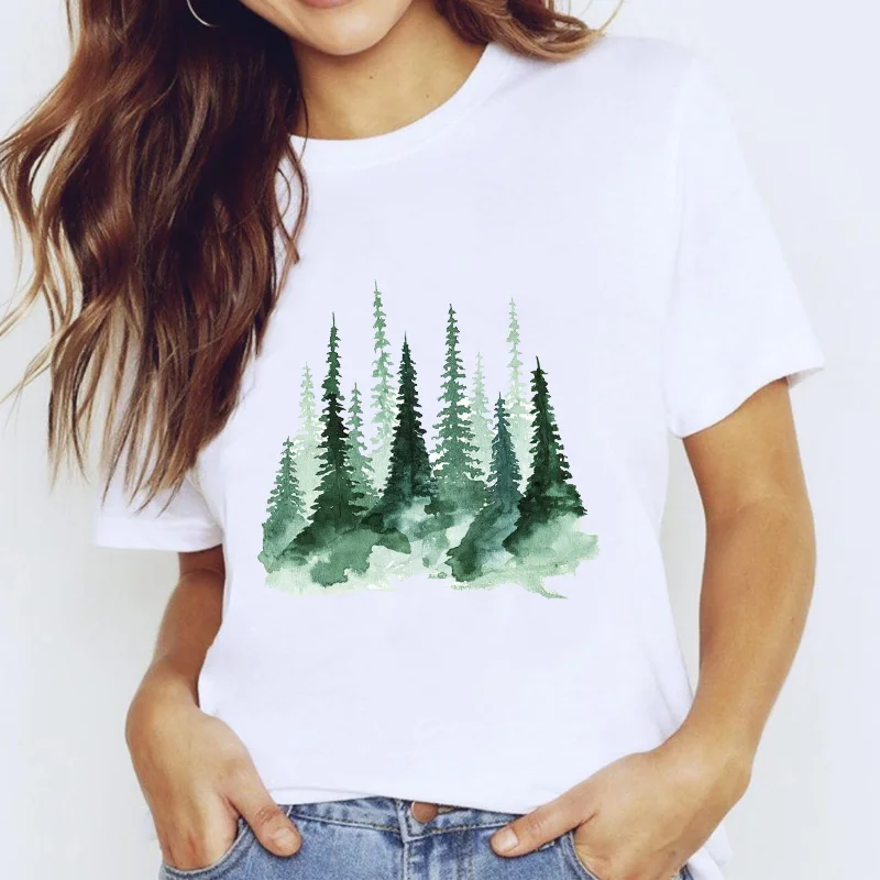 

T-shirts Top for Women 90s Cute Watercolor Forest Nature 90s Clothing Print Lady Graphic T Shirt Ladies Female Tee T-Shirt