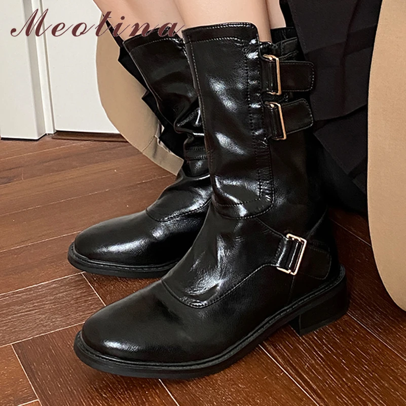 

Женские сапоги до середины икры Meotina, сапоги из натуральной кожи с круглым носком, на толстом среднем каблуке, на молнии, в западном стиле, Осень-зима