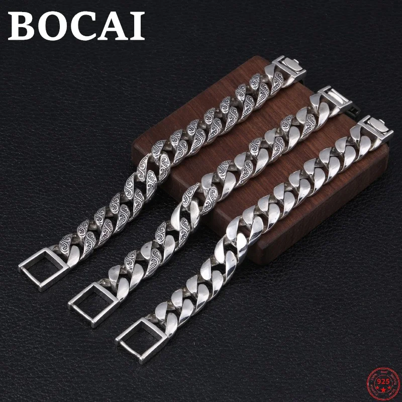 

BOCAI S925 Sterling Silver Bracelets Fashion Smooth Domineering Plant Pattern Thai Silver Hand Chain Pure Argentum Men's Bangle