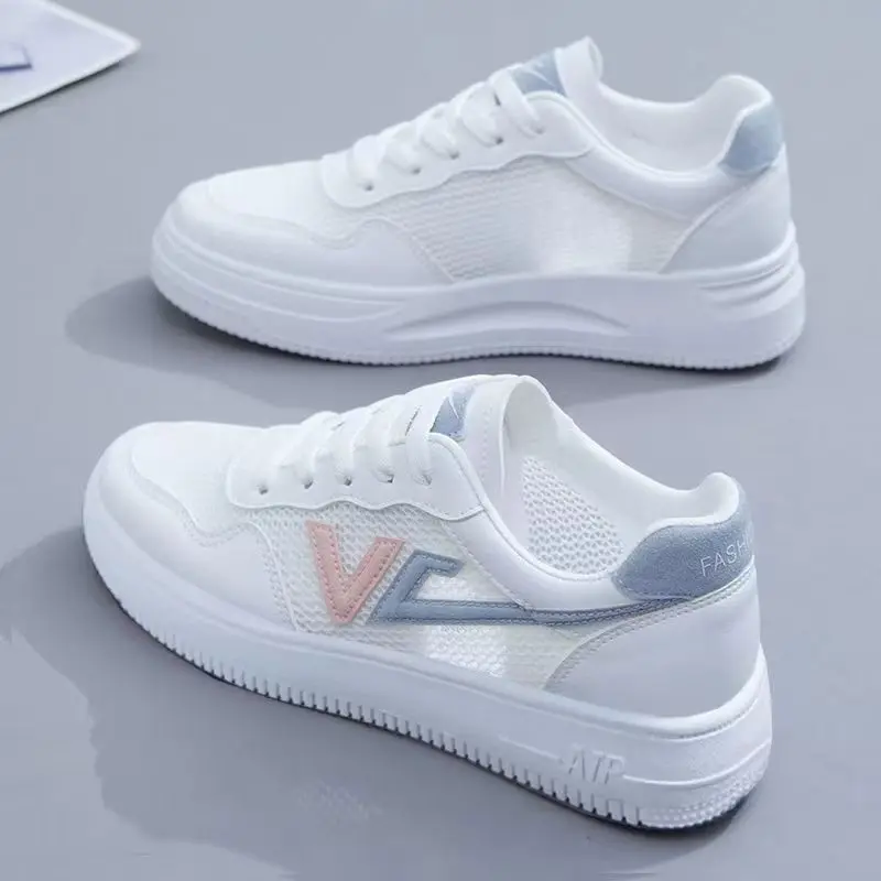 

Women Vulcanized Shoes Light Sneakers Women's Solid Color Flat Footwear Mesh Female Comfortable Breathable Casual White Shoes