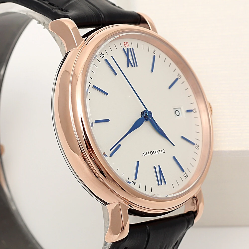 

Mens Sport Watch Rose Gold Black Leather Automatic Mechanical Movement 40mm Men's Watches