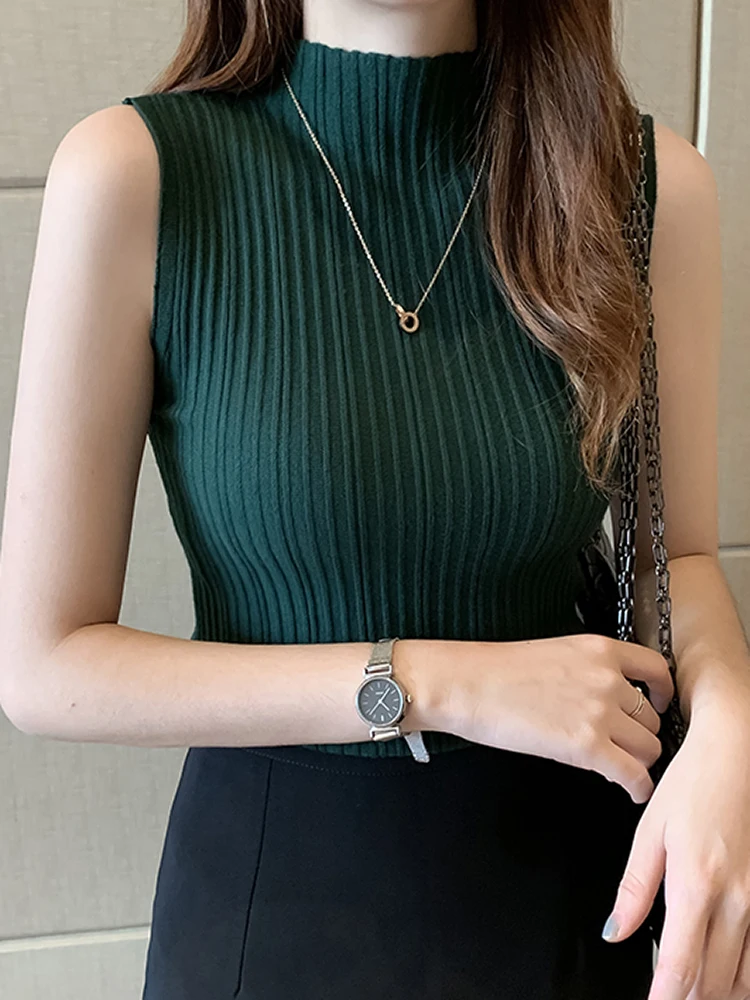 

VISNXGI New Arrival Knit Half High Neck Vest Pure Color Pullover Slim Thin Sleeveless Sweater Women Waistcoat Elegant Casual Top