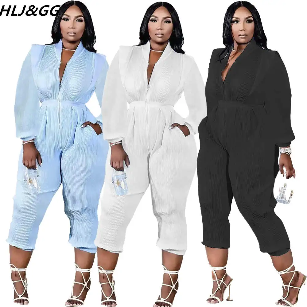 HLJ&GG Fashion Solid Zipper Long Sleeve Jumpsuits Women Fall Winter With Pocket Jogger Pants Playsuits Casual One Piece Overalls