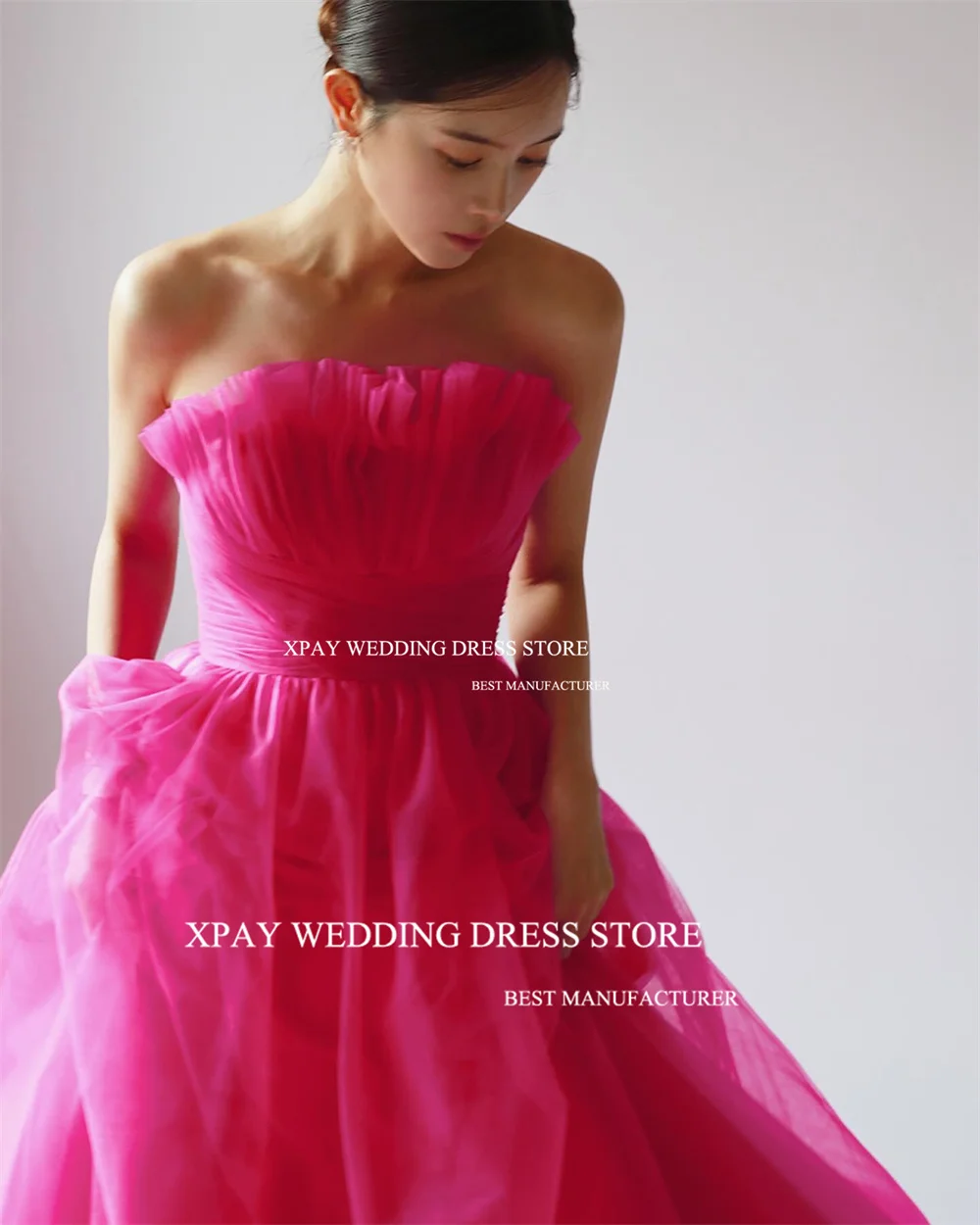 XPAY ярко-розовые корейские вечерние платья без бретелек для фотосессии тюлевые