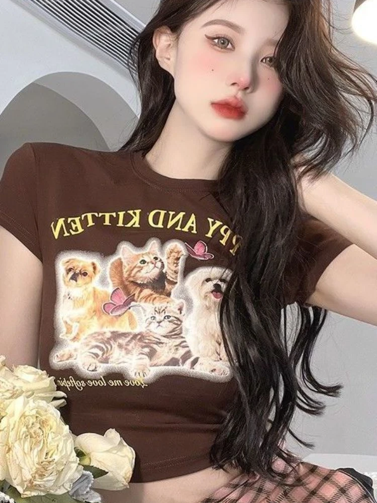 

HOUZHOU Vintage Tshirt Women Summer Kawaii Car Short Tees Bodycon Kpop Y2k Tops High Street Brown Grunge Aesthetic Streetwear