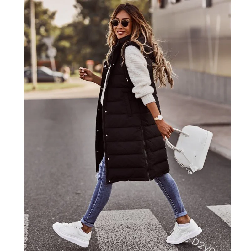 Women Long Parkas Coat Autumn Winter Solid Color Slim Single-Breasted Coat Women Casual Sleeveless Zipper Hooded Vest Parkas