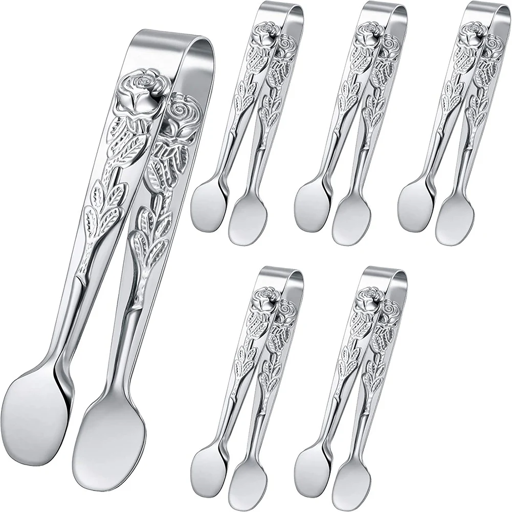 

6 Pieces Rose Handle Sugar Tong Stainless Steel Mini Sugar Tong Square Tongs Non-Slip Candy Serving Tongs (Silver)