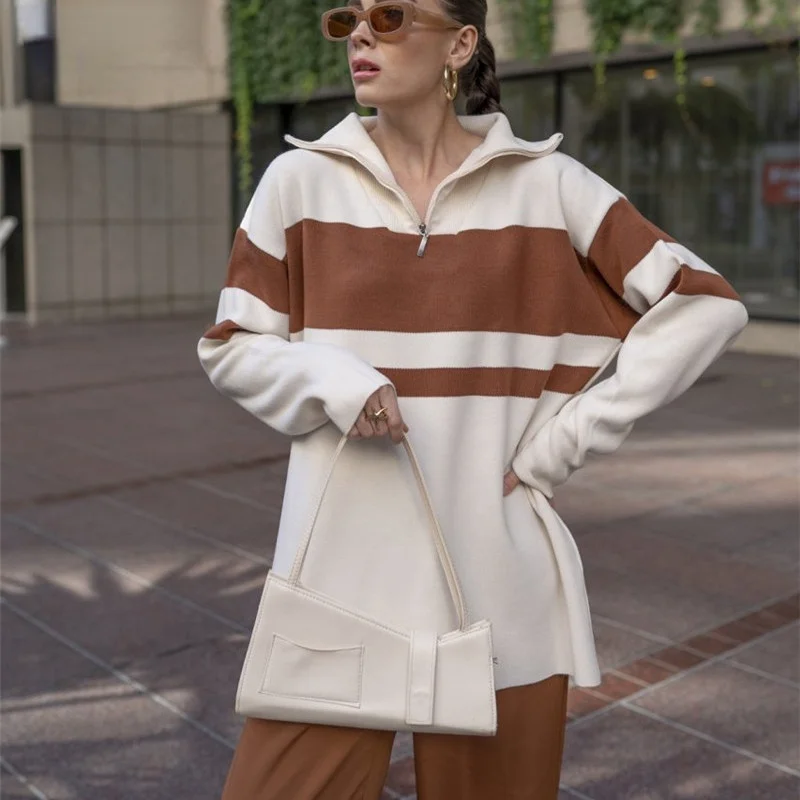 Полосатые вязаные свитера на молнии с длинным рукавом повседневный свободный