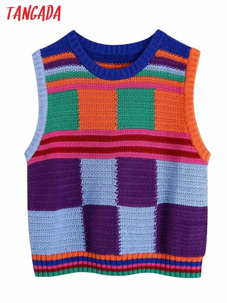 

Женский клетчатый короткий вязаный жилет Tangada, винтажный жилет с круглым вырезом без рукавов, BE282, 2022