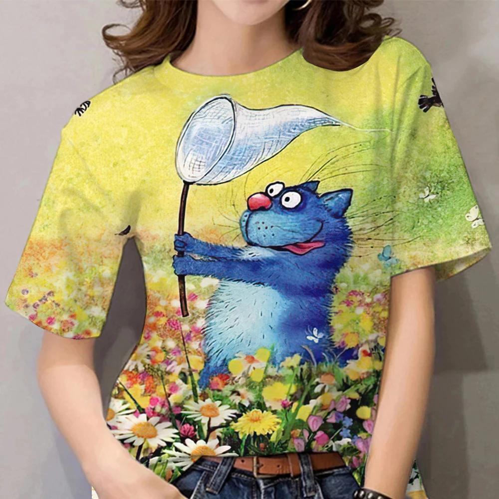 

Summer Women's T-shirt 3D Paying Cat Print Short Sleeve Round Neck Top Kawaii Animal Casual Plus Size Designer Women's Wear