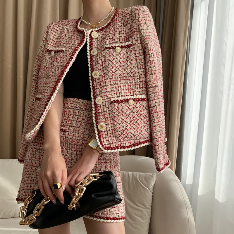 French Elegant Tweed Skirt Suit Woman Long-sleeved Coat + Short Skirts Jacket Office Ladies Sweet Korean Two Piece Women Outfits