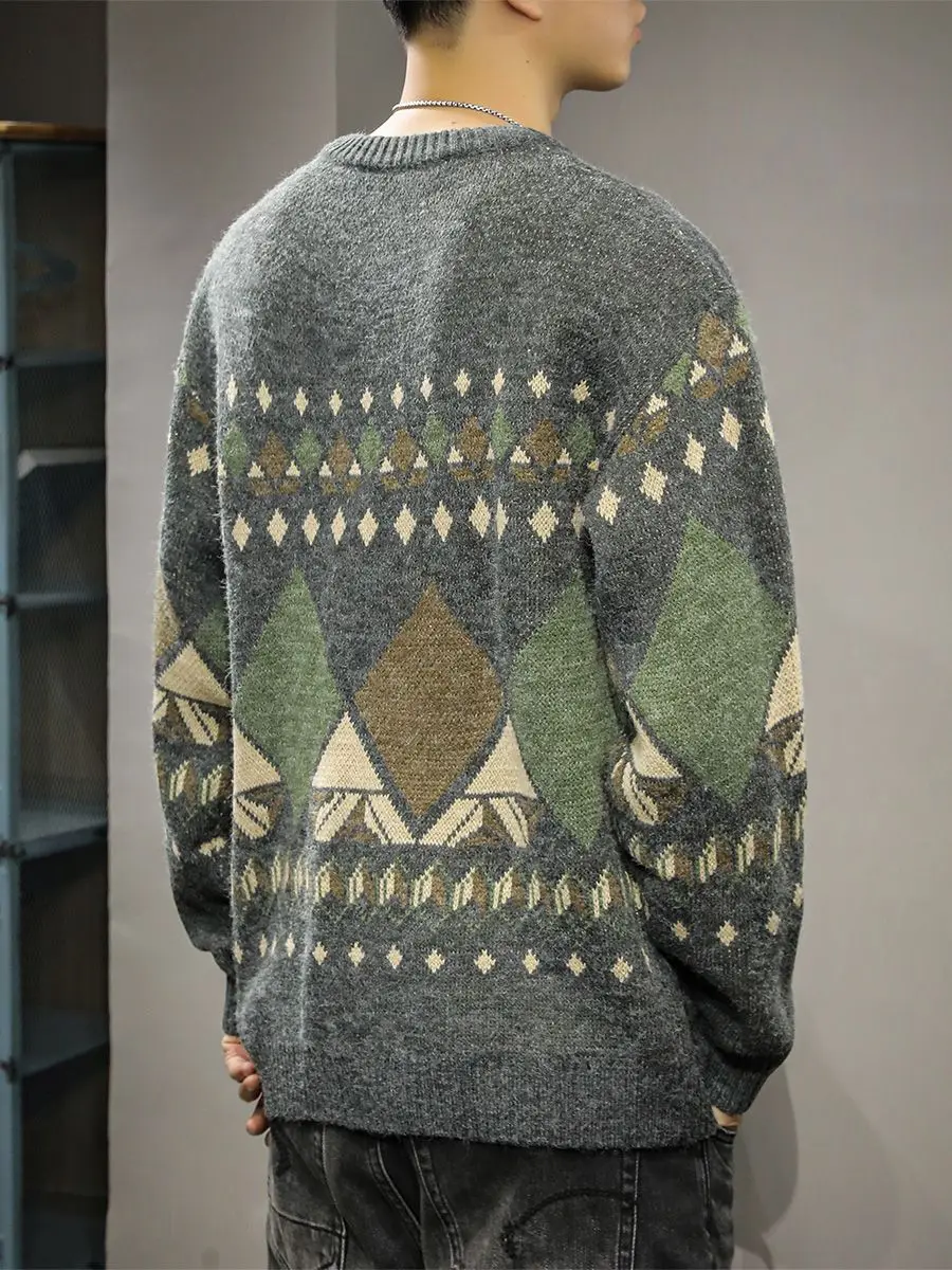 Autumn Winter Cartoon Argyle Knitwear Sweater Men Streetwear Long Sleeve Vintage Pullover Knitted Sweaters Couple Clothing C156