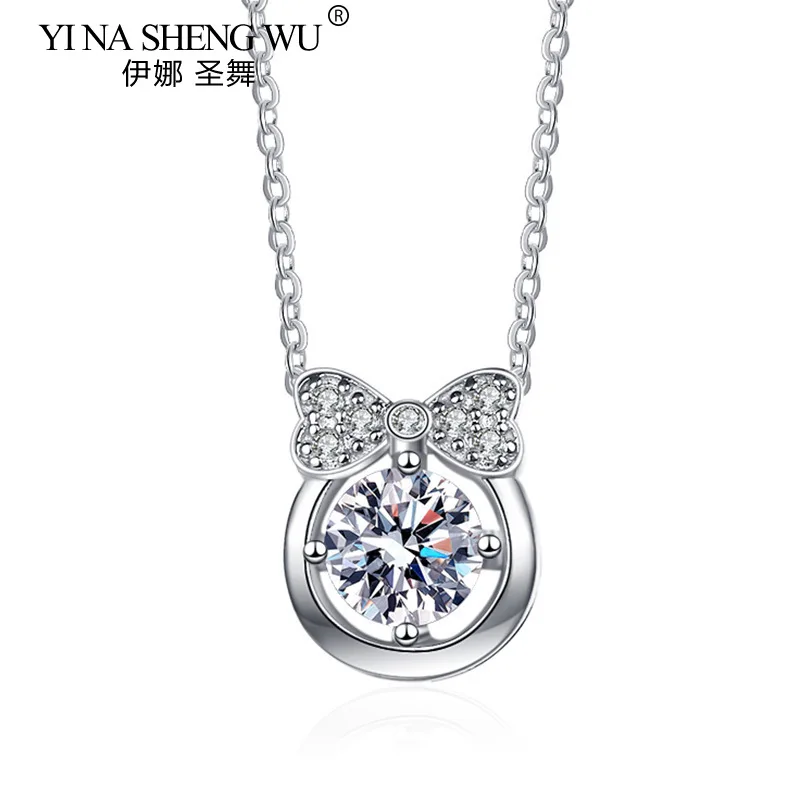 

1 Carat Moissanite S925 Sterling Silver Bow Pendant Necklace Ladies Fashion Niche Clavicle Chain Fashion Sweet Gift Jewelry