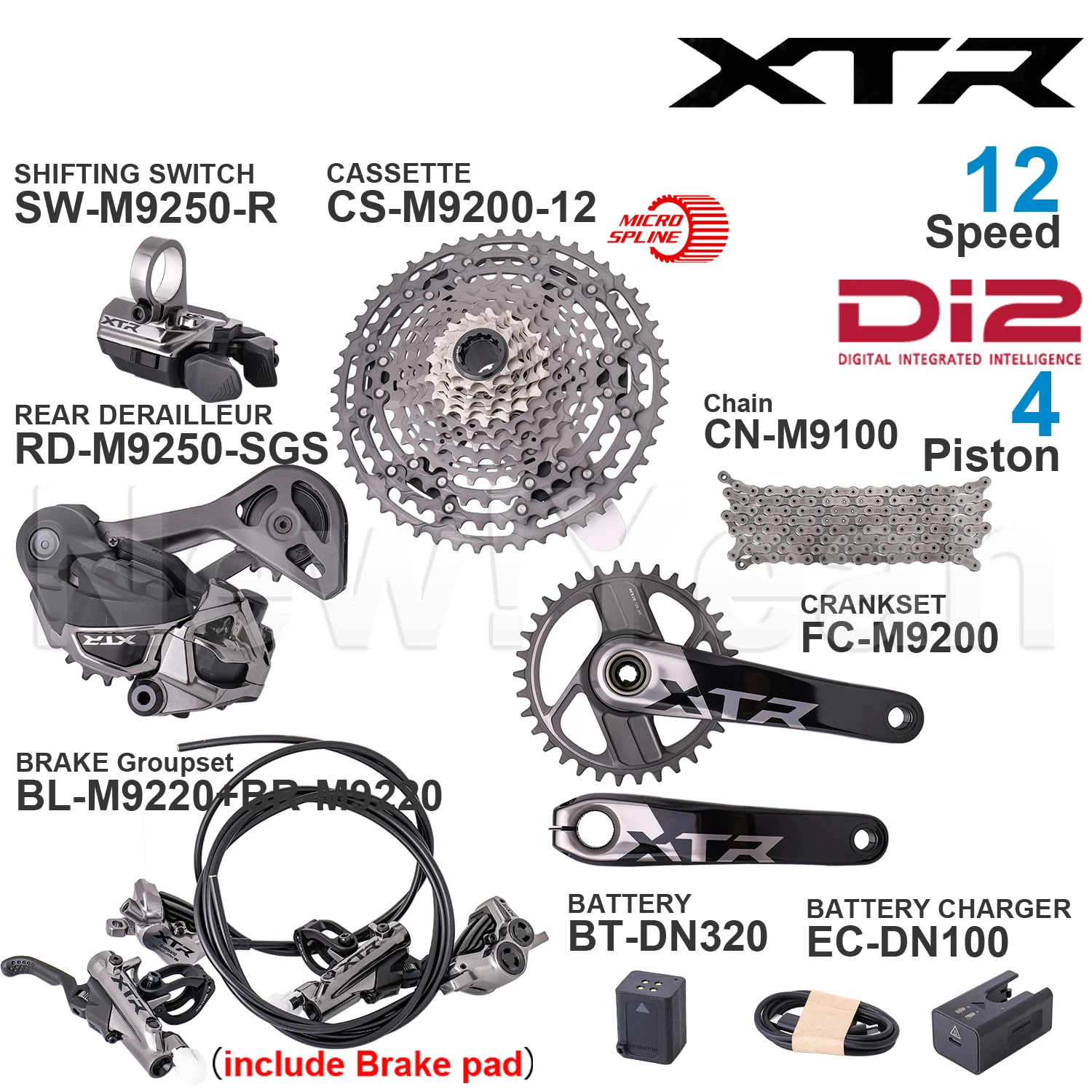 Фото Комплект оборудования Shimano XTR M9200: SW-M9250-R, RD-M9250, Di2, CS-M9200, EC-DN100, BT-DN320, FC-M9200, M9220. Оригинальные запчасти. №1