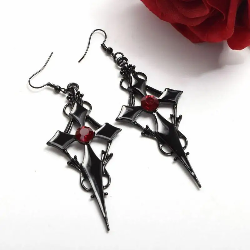 

Gothic Punk Earrings Steampunk Black Cross Metal Red Rhinestone Ear Pendant for Women Girl Ear drop